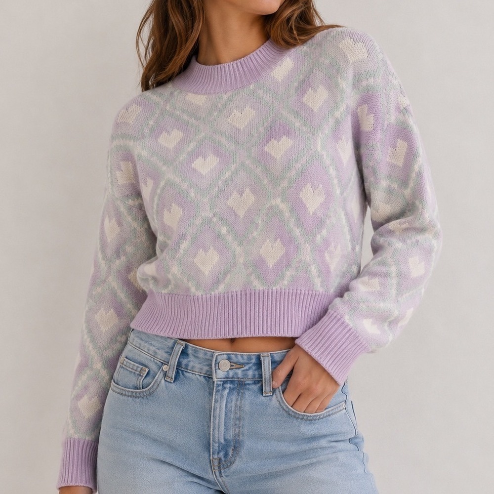 Wild Fable Heart Sweater Womens XS Lavender Pastel Cropped Knit Y2K Soft Girl